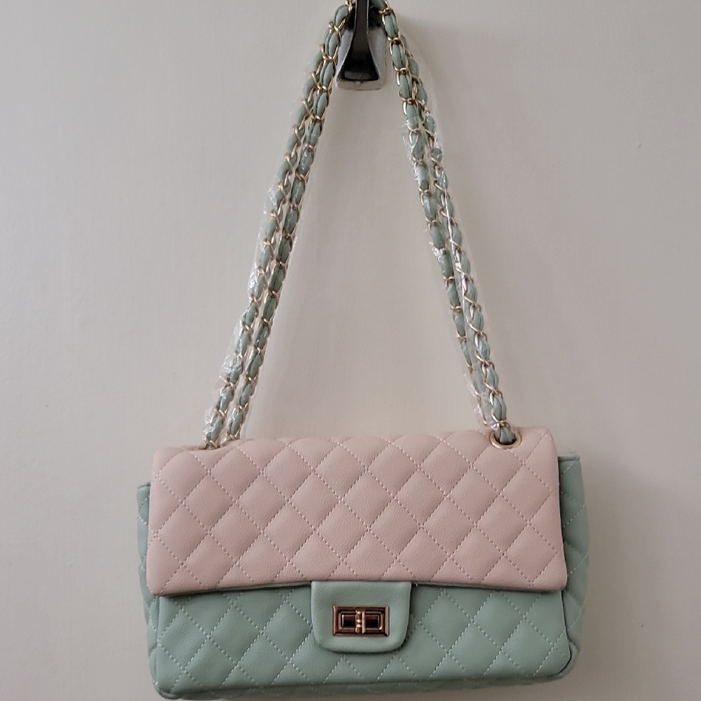 Francesca's Collections Quilted Pink and Mint Shoulder Bag
